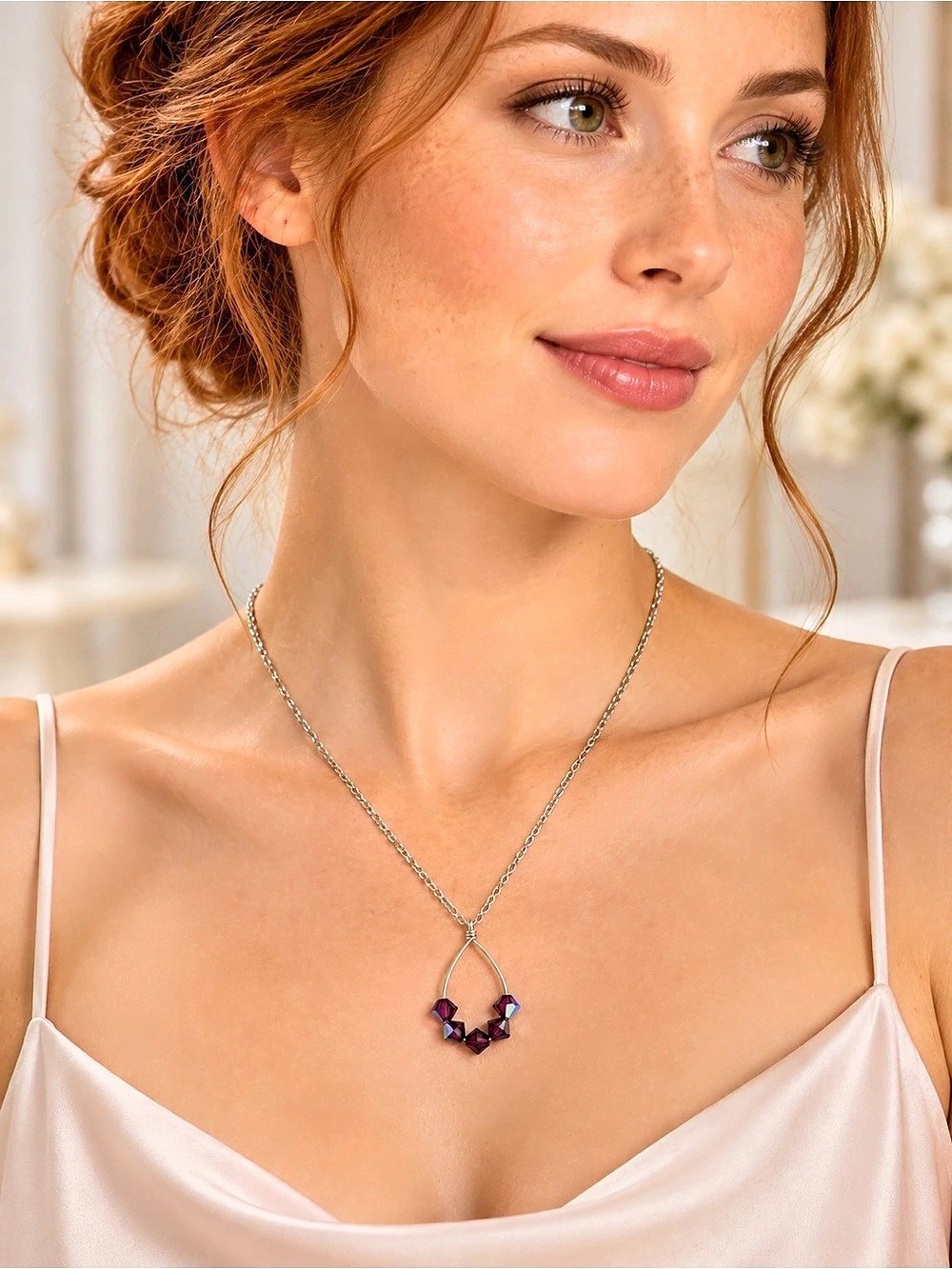 Handmade Swarovski Siam AB Crystal Pendant Necklace Silver Tone